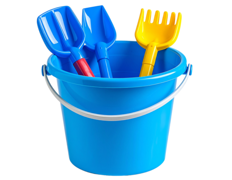 Top View of Blue Sand Bucket Filled with Colorful Toy Tools, Transparent Background