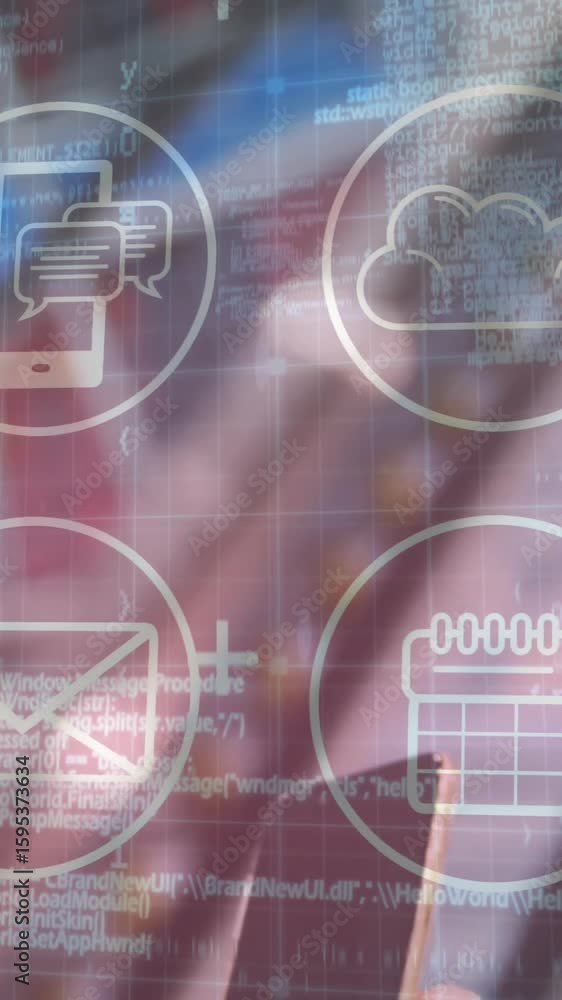 Poster in school, animation of digital communication icons overlaying coding and data elements