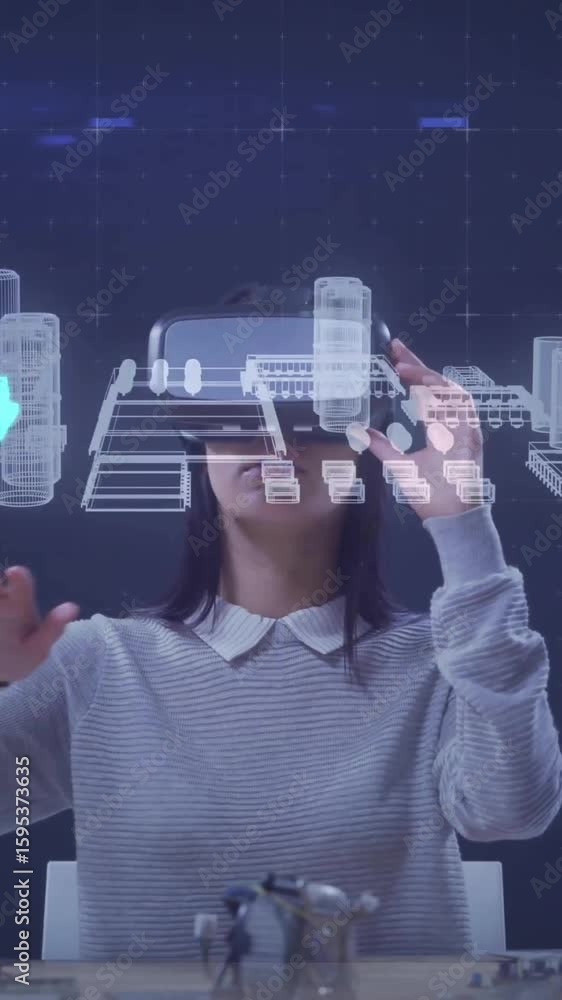 Poster person using virtual reality headset with digital circuit board animation overlay