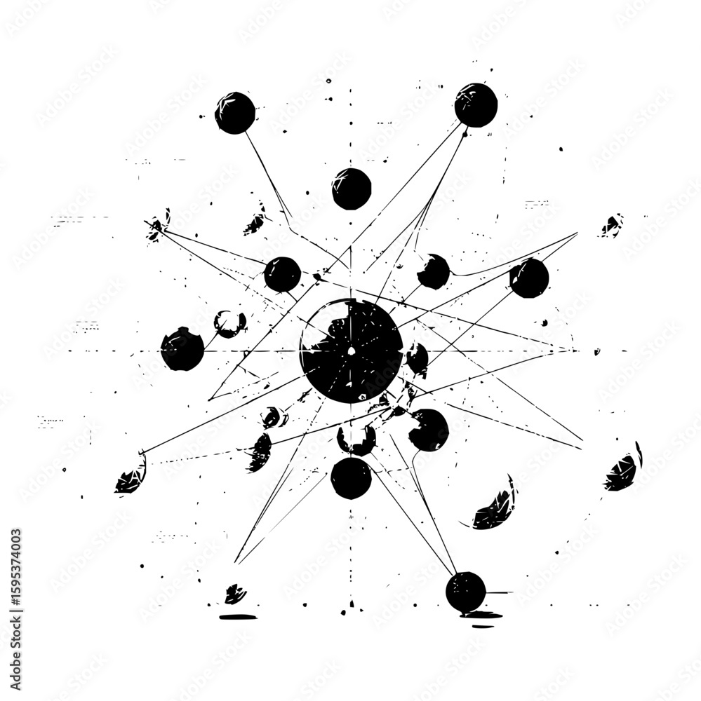 Poster abstract representation of connected black circles and lines in a starburst pattern on white backgro