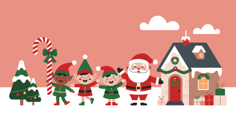 Fototapeta premium Santa and Elves Christmas Scene – Coral Pink Background with Snowy Tree, Candy Cane, and House – Minimalist Holiday Illustration in Horizontal Layout