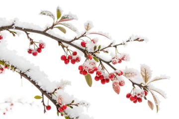 A snowy branch with red berries and winter blooms against on AI Generated by PNG