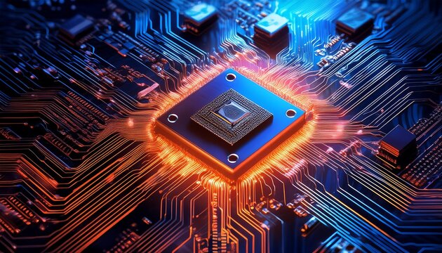 close up view of microchip surrounded by intricate circuit patterns showcasing vibrant orange and blue lights this captures essence of technology and innovation in digital age