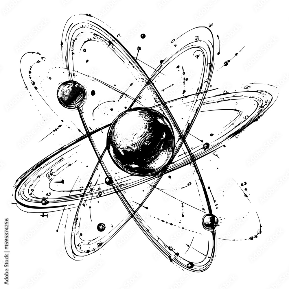 Poster illustration of an atom with orbiting electrons in a stylized sketch with black and white rendering 