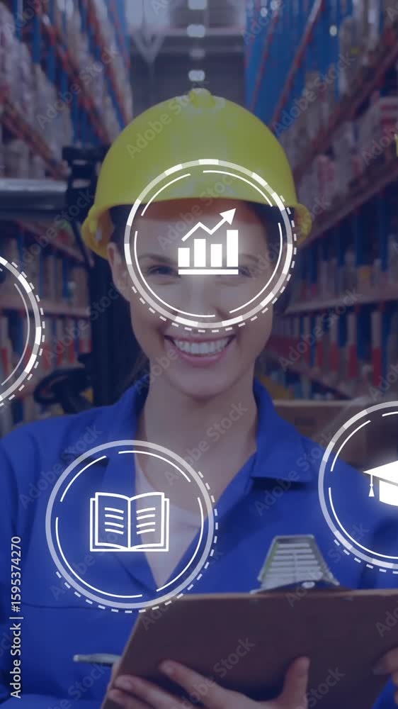 Poster wearing helmets, warehouse workers using digital animation icons during tasks