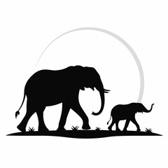 Elephant and Baby Walking Silhouette in Black – Vector Design on White Background (Editable)
