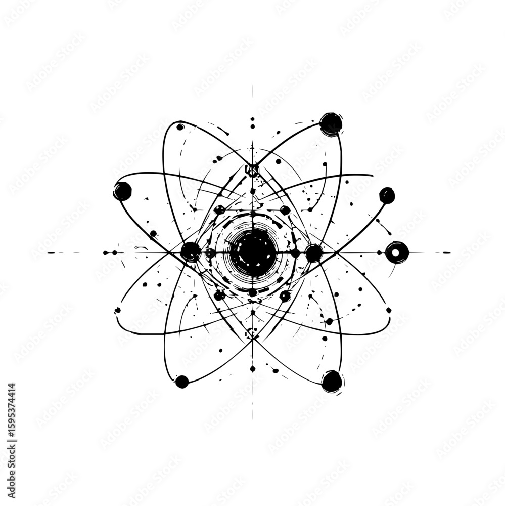 Poster abstract representation of an atom with orbiting electrons and a central nucleus in black and white
