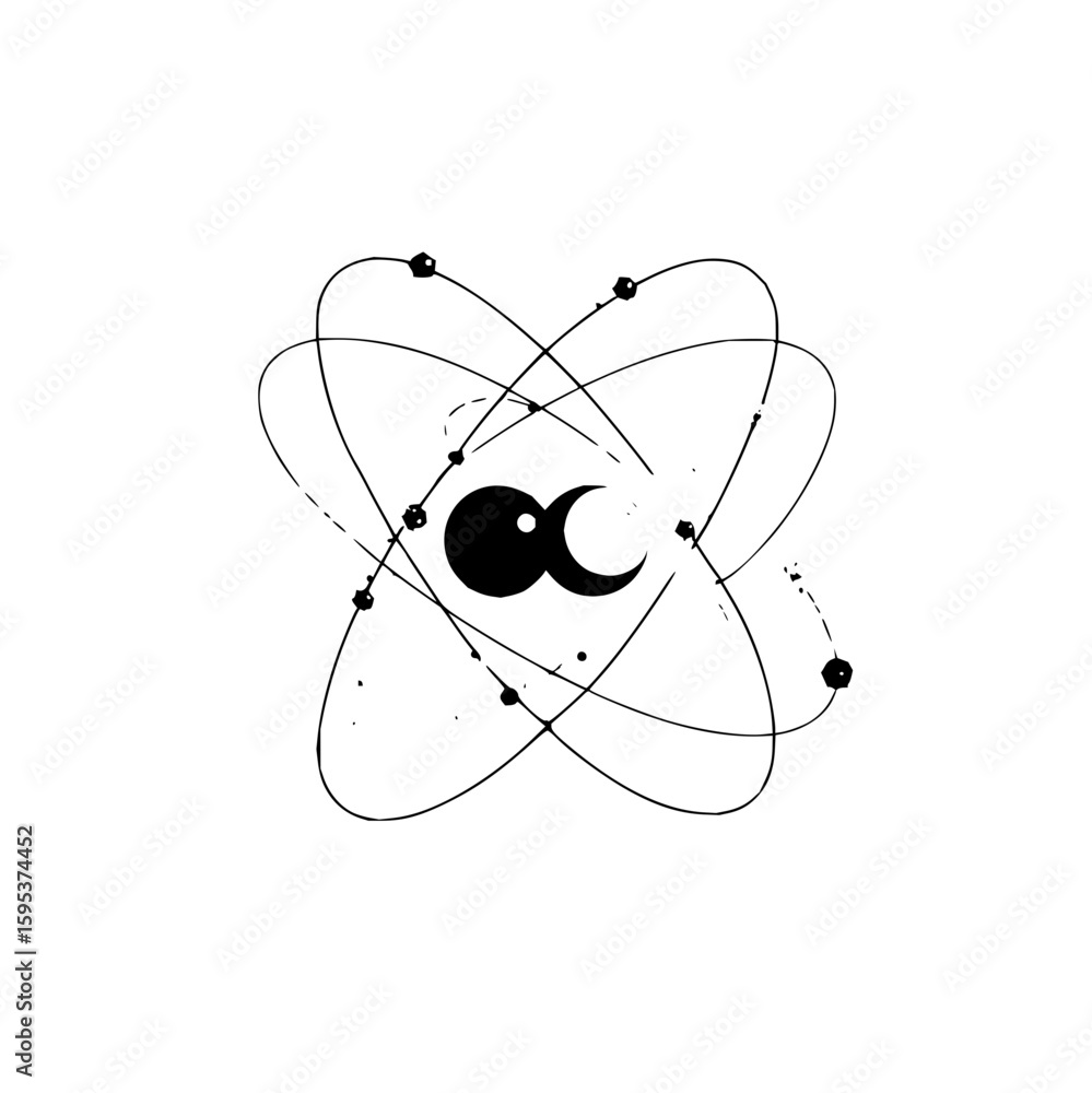 Poster stylized atom illustration with orbiting electrons and a central moon and circle design element