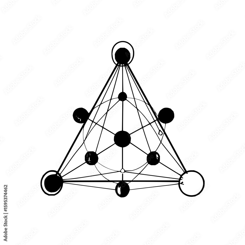 Poster geometric design featuring a triangle and circles with connecting lines in a monochrome illustration