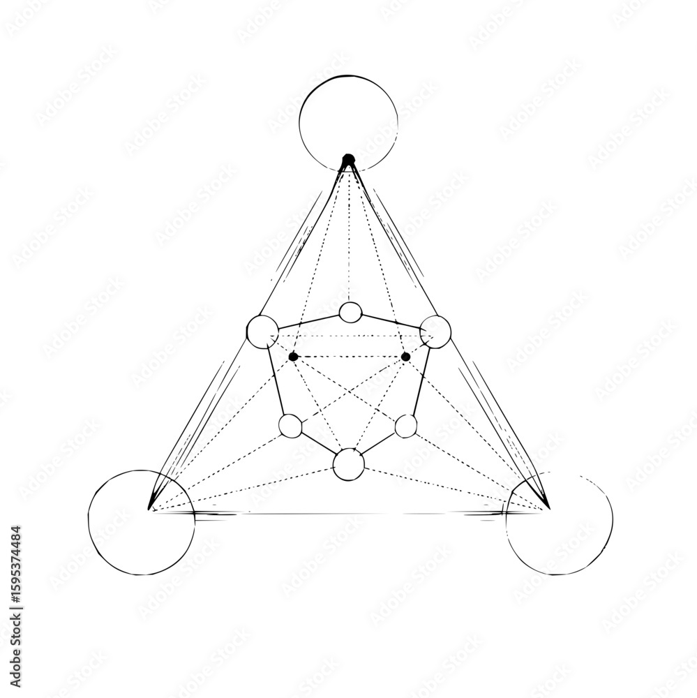Poster geometric design featuring a triangle with circles and a pentagon shape connected by lines artfully 
