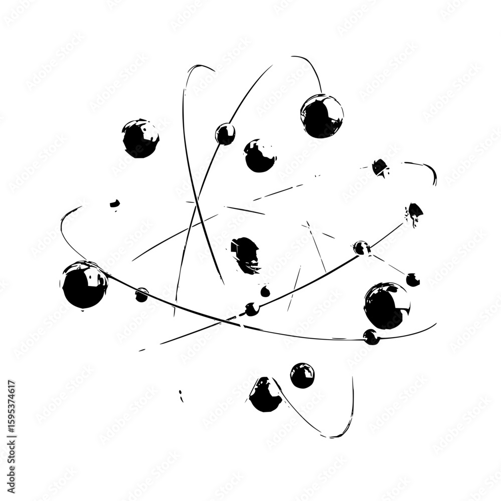 Poster stylized depiction of an atom with orbiting electrons and nucleus in black and white rendering style