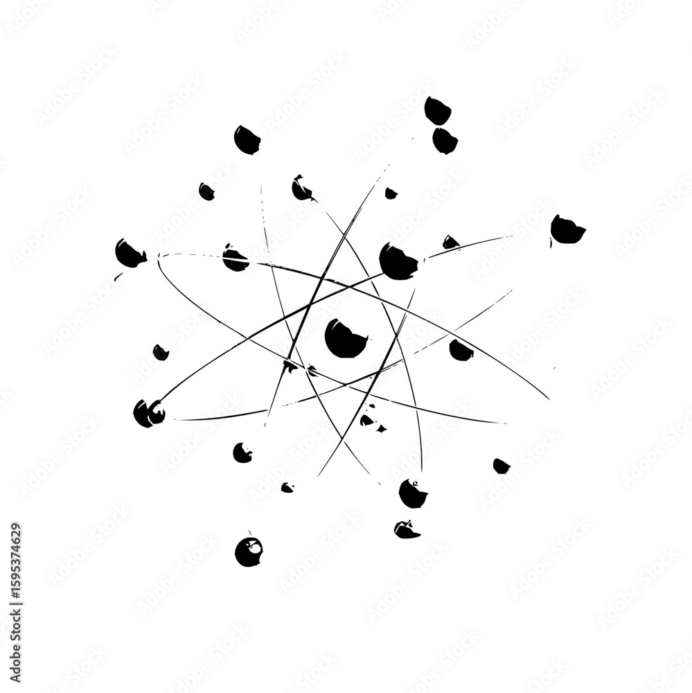 Poster atom structure with orbiting electrons and nucleus in monochrome science representation style drawin