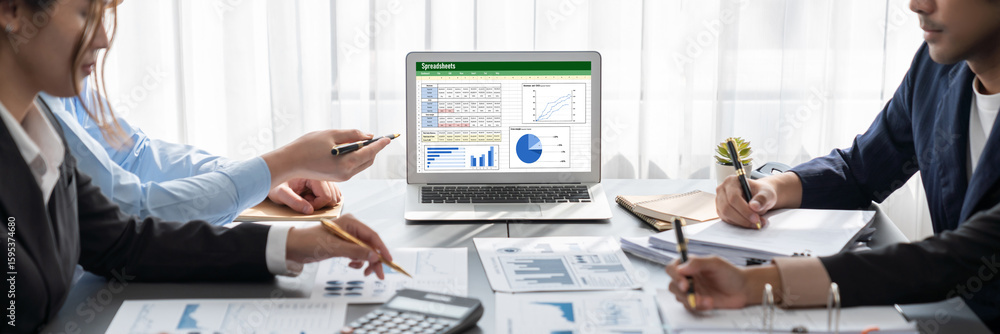 Poster business intelligence and data analysis concept. analyst team working on financial data analysis das