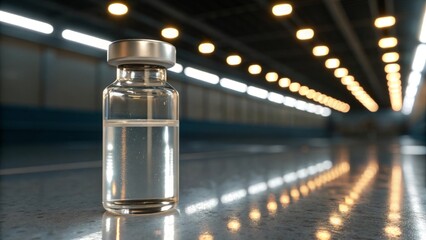 Medical Vial in Abstract Tunnel: The clinical precision of medical science is captured in this image, showcasing a glass vial filled with a clear liquid.