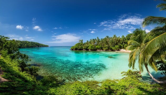 a serene tropical island cove features hidden beach surrounded by lush greenery and palm trees crystal clear turquoise water reflects vibrant blue sky creating tranquil paradise