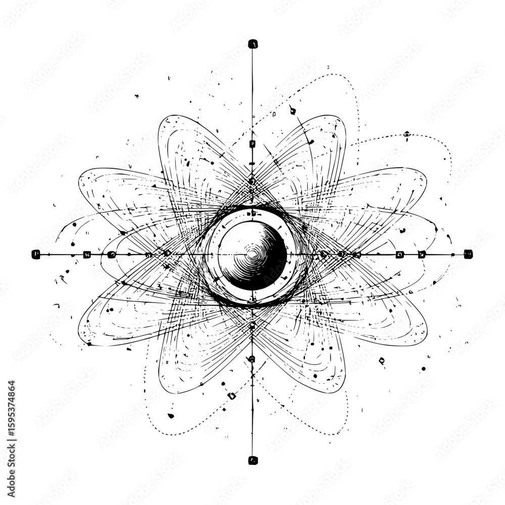 Poster abstract sketch of a central circle surrounded by radiating lines and petal like shapes in black and