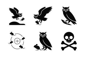 Fototapeta premium Black silhouettes of owls and mice in various poses and a skull with crossbones mouse