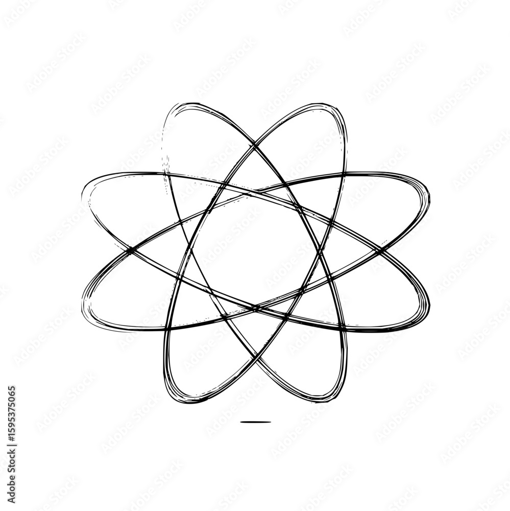 Poster stylized atom model with orbital paths in black ink sketch style on a white background visual graphi