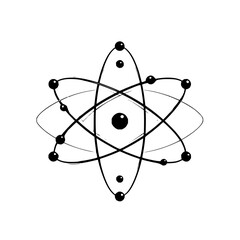 Illustration of an atom with electrons orbiting a nucleus in a stylized black and white drawing style