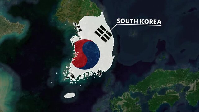 Zoom from Earth to South Korea. (Country Flag) World map animation with highlighted country borders. Satellite 3d world map animation highlights aerial views, tourism, and travel. 4k