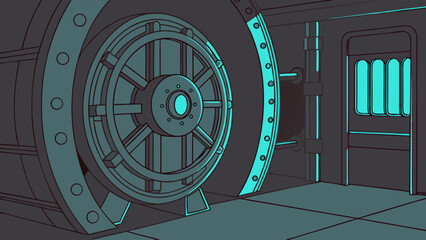 Interior of a futuristic vault with a large circular door and a smaller door to the side in teal color