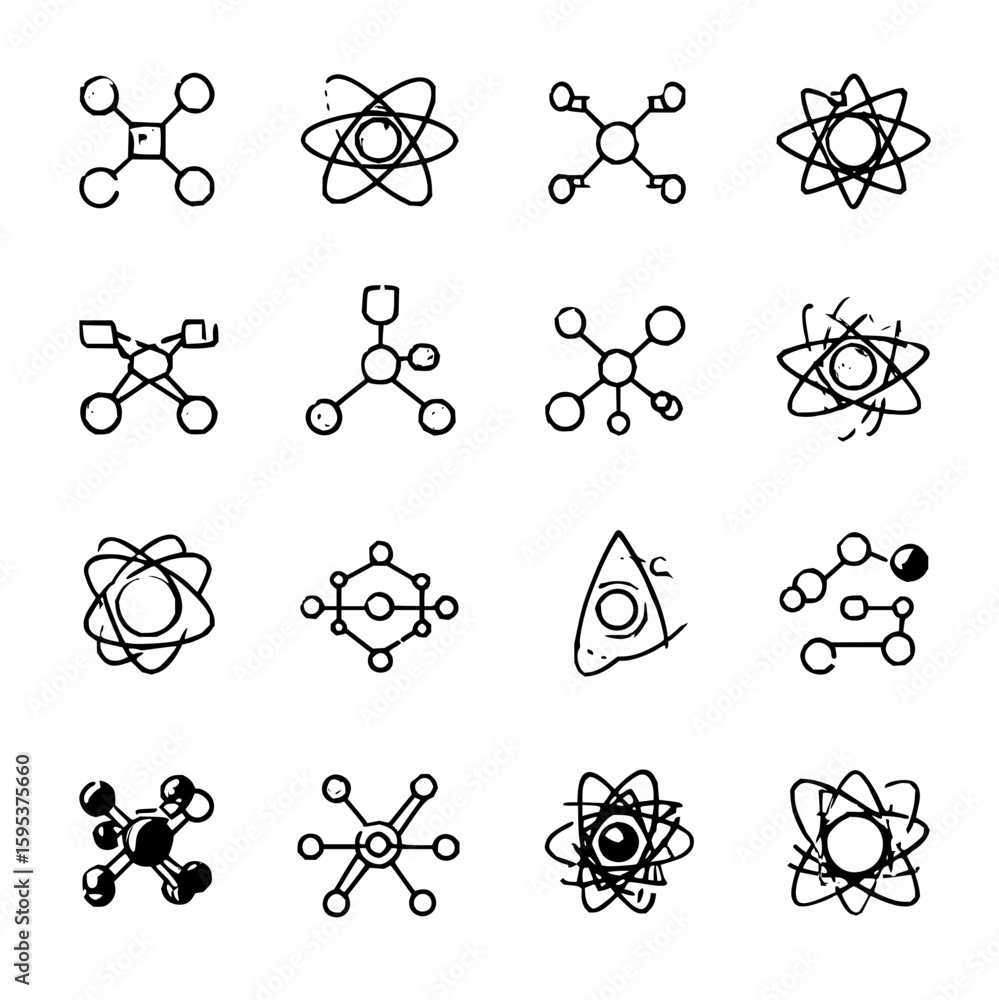 Poster illustration of various molecular structures and atomic models in a grid pattern on a white backgrou