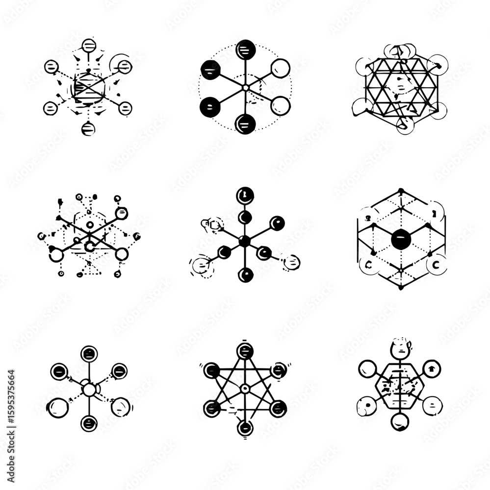 Poster collection of nine molecule diagrams with varying structures and geometric configurations shown in b