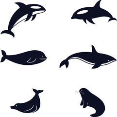 A vector set of dolphin silhouettes, illustrating the dynamic nature of these ocean mammals