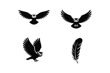 Obraz premium Black silhouettes of owls in flight and a feather flying