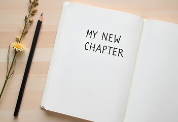 Journal titled “My New Chapter”, with pencil and dried flower nearby