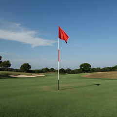 A golf course and a flag.