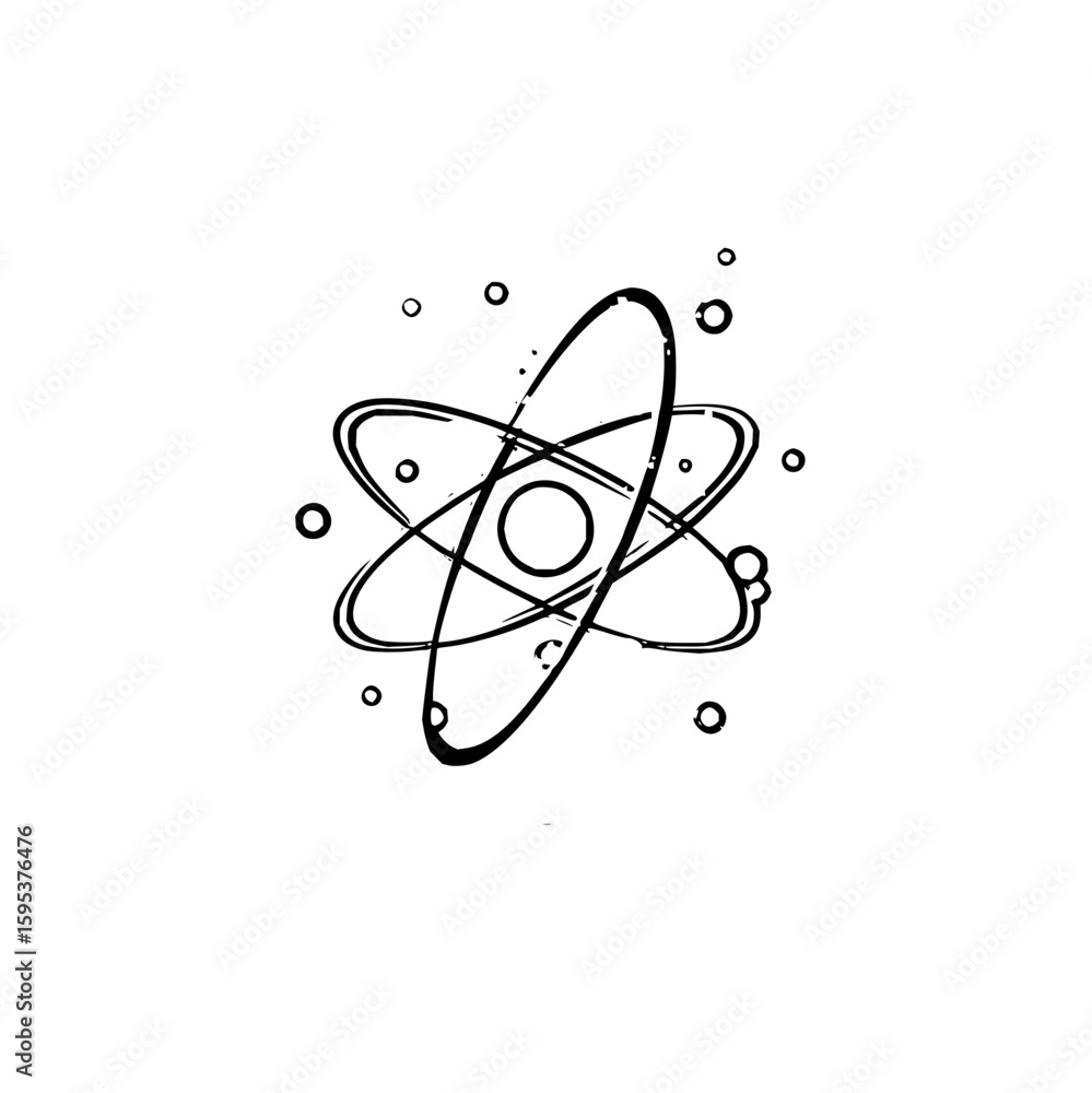 Poster an illustration of an atom with orbiting electrons and a central nucleus in a sketch style drawing