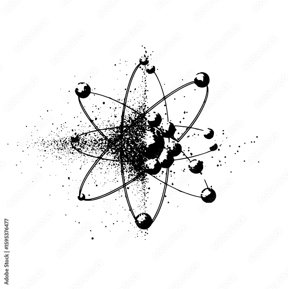 Poster stylized atom illustration with orbital paths and scattered particle effect in black and white desig