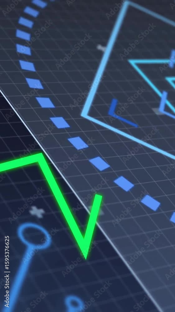 Aufkleber animation of green zigzag line with geometric shapes over digital grid background