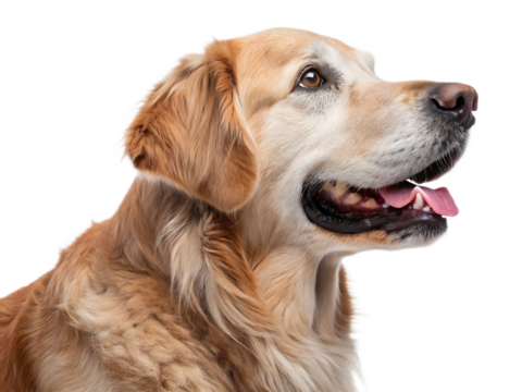 Golden retriever with mouth open and tongue out isolated on a black background looking right