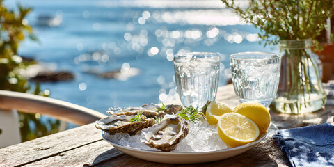 Seaside cafe setting featuring fresh oysters on ice with lemon slices garnished by green herbs, ocean view and sunlit water reflections.