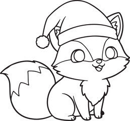 Fototapeta premium Chibi-style cartoon fox with Santa hat, fluffy tail, sitting and smiling, holiday coloring page design, no colors,