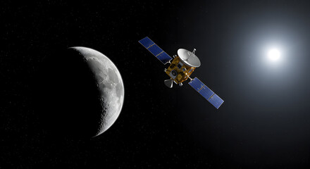 Satellite orbiting the moon with the sun in the background in a dark space environment view