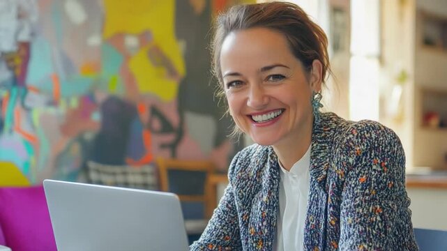 Smiling Woman at Work: A close-up shot of a radiant woman, beaming with genuine happiness as she works on her laptop, embodies the essence of focus and positivity in a creative workspace.