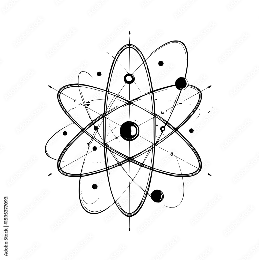 Poster illustration of an atom structure with orbiting electrons and nucleus in a sketch style design with 