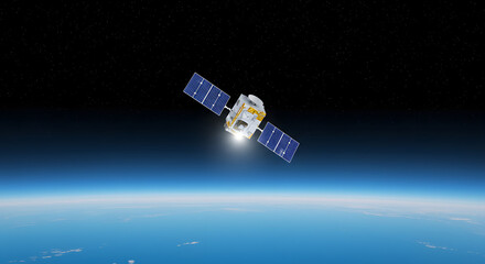 Satellite orbiting earth with solar panels deployed against a dark space background view from space