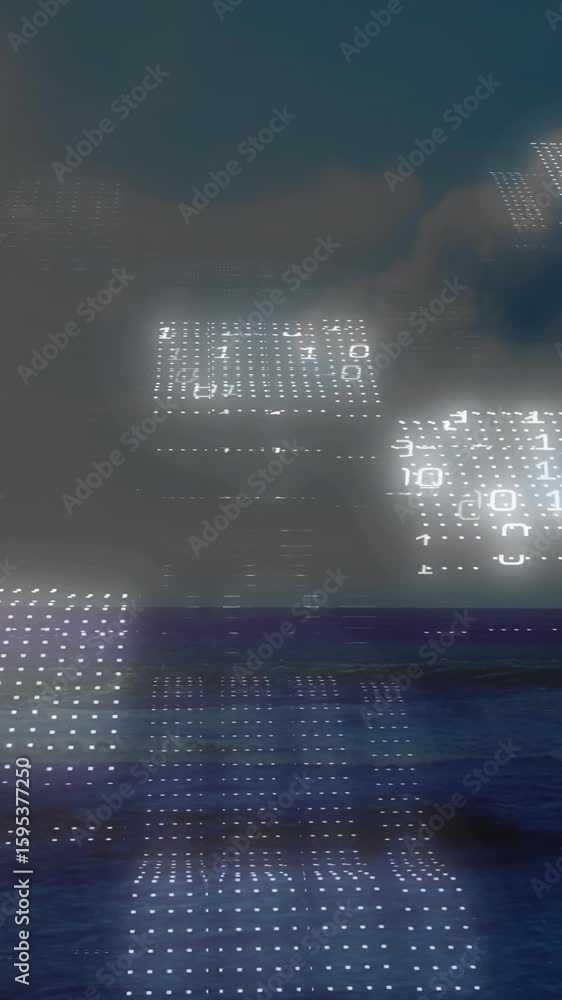 Poster animation of digital data blocks floating over ocean under cloudy sky