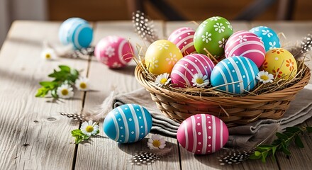Vibrant Easter Eggs in Rustic Basket with Daisies and Feathers: Festive Spring Holiday Image