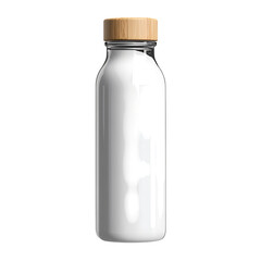 Reusable water bottle with bamboo lid, isolated PNG with realistic shadows.