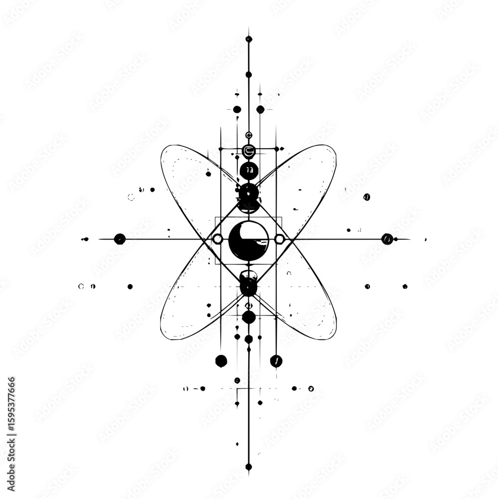 Poster geometric design featuring circles squares and lines arranged in a symmetrical pattern with a centra