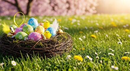 Joyful Easter Nest: Pastel Eggs, Chicks, Bunnies in Spring Meadow