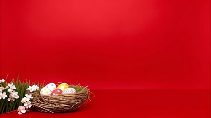 Vibrant Red Background: Easter Eggs in Nest with Spring Blossoms