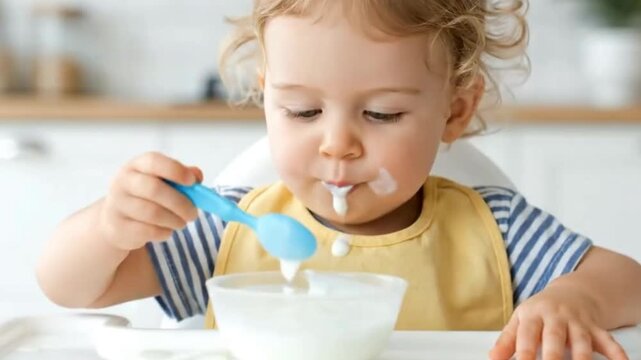 A toddler with blonde curls and blue eyes is eating yogurt with a blue spoon wearing a yellow bib