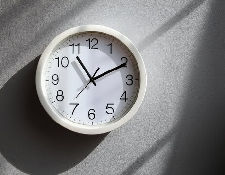 white clock and shadow againt grey wall