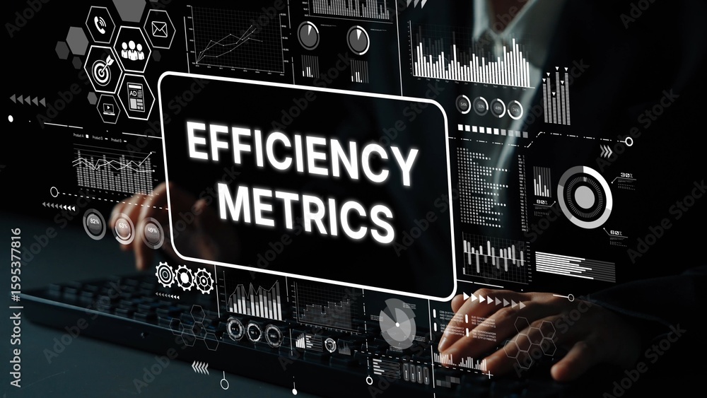 Poster business professional analyzing data with overlay of efficiency metrics and graphs in a modern digit